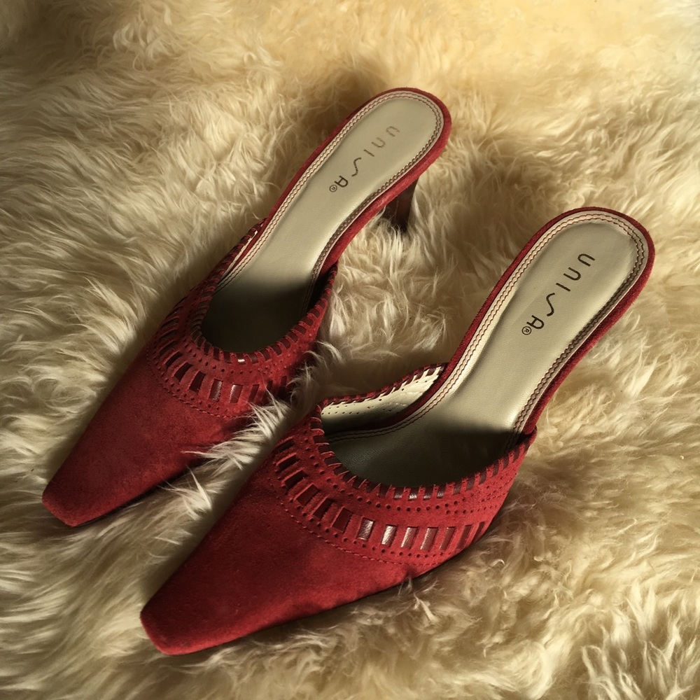 Red suede mules, size 7.5
